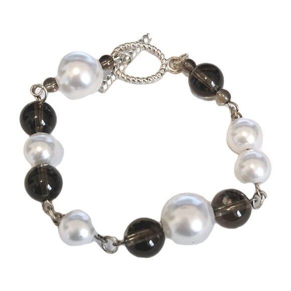 Faux Pearl & Smokey Quartz Beaded 7.5" Bracelet - Picture 1 of 1